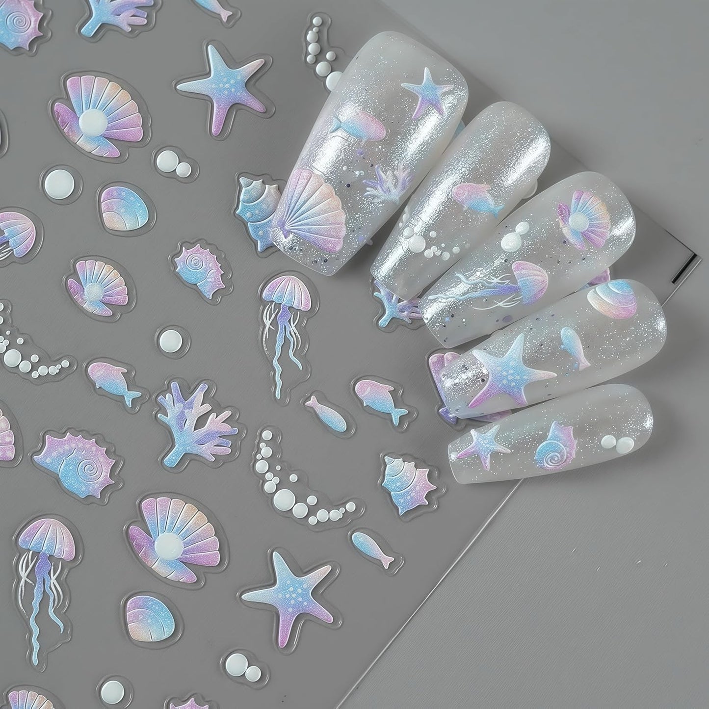 1 Sheets Embossed Shell Starfish Nail Art Stickers 5D Self Adhesive Summer Marine Life Fishtail Pearl Decals for Women Girls Manicure DIY Decorations Exquisite Cardboard Set-FemmiqueWomen