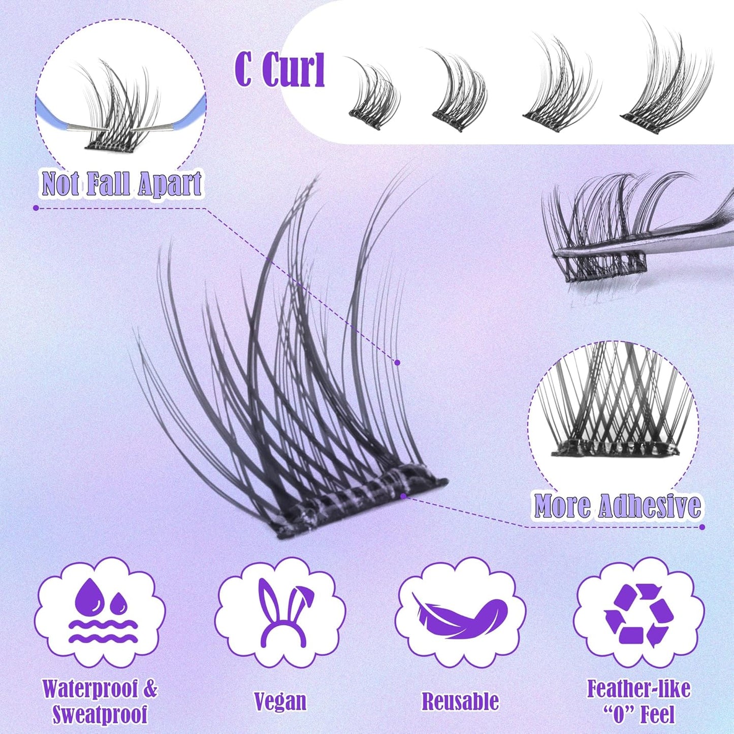 ALICE Self Adhesive Lashes Natural Look Clusters No Glue Needed Wispy Reusable Press on Lashes Pre-Glue 8-14mm 120pcs C Curl With Lash Tweezers-FemmiqueWomen