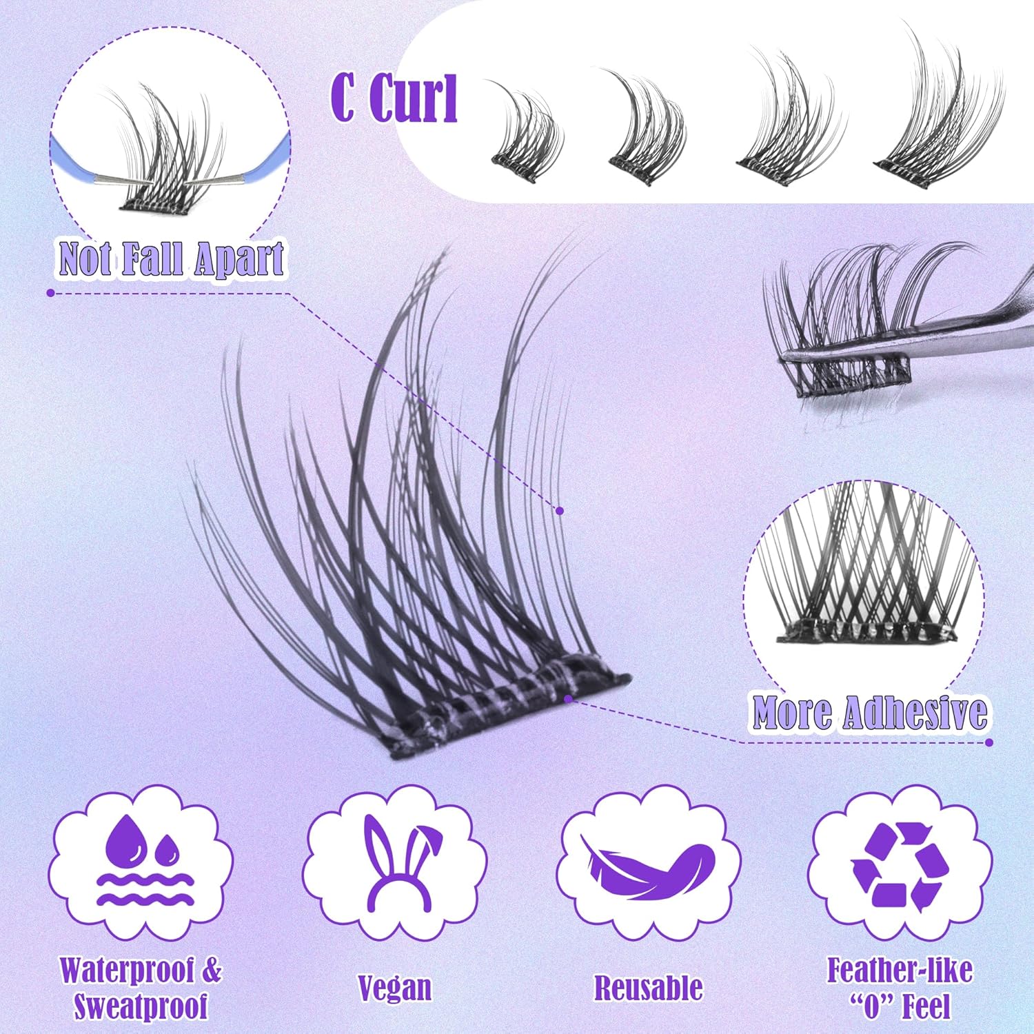 ALICE Self Adhesive Lashes Natural Look Clusters No Glue Needed Wispy Reusable Press on Lashes Pre-Glue 8-14mm 120pcs C Curl With Lash Tweezers-FemmiqueWomen