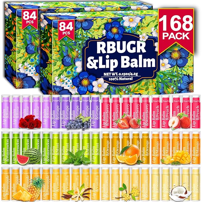 168 Pcs Lip Balm Bulk, 12 Flavored Lip Balm Pack for Women, All Organic Natural Bulk Lip Balms for Dry Cracked Lips, Moisturizing Lip Balms Gift Set(4.2g/0.15oz)-FemmiqueWomen
