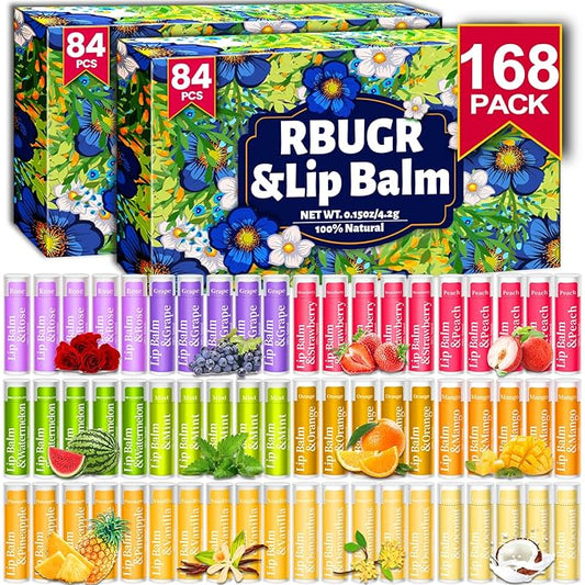 168 Pcs Lip Balm Bulk, 12 Flavored Lip Balm Pack for Women, All Organic Natural Bulk Lip Balms for Dry Cracked Lips, Moisturizing Lip Balms Gift Set(4.2g/0.15oz)-FemmiqueWomen