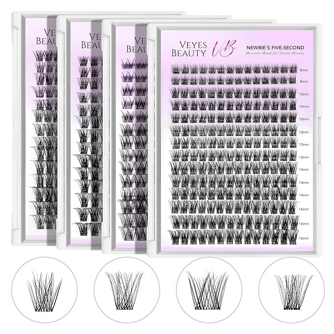VEYESBEAUTY Lash Clusters Individual Eyelash Extensions Thin & Invisible Band DIY False Eyelashes for Self-application Newbie's Five-Second Series Wispy Lash Tray, Boldeye 8-16mm Mixed Length-FemmiqueWomen