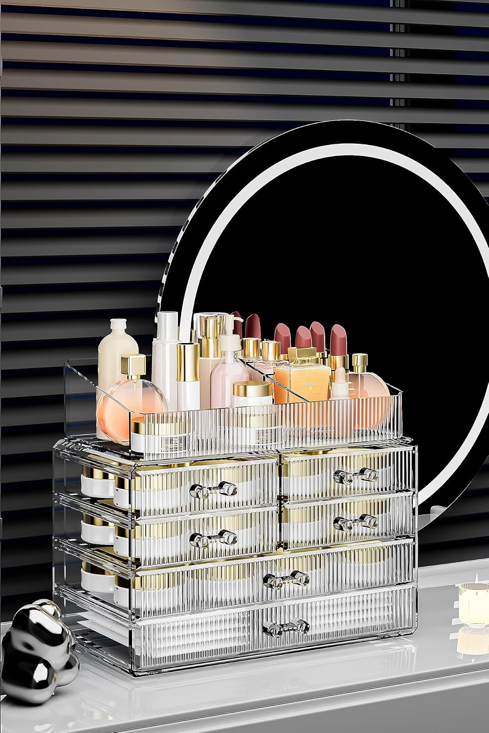 ZHIAI Stackable Storage Drawers, Acrylic Bathroom Counter Organizer Clear Makeup Organizers for Vanity, Kitchen Cabinets, Bathroom, Undersink, Home Organization and Storage (1 Top 6 Drawers)-FemmiqueWomen