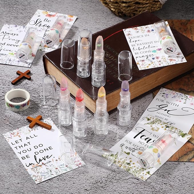 12 Sets Christian Lip Balms with Inspirational Bible Verse Card Bulk Gifts for Women Flower Sign Taste Lip Balm with Tag for Employee Coworker Teacher Family Church Wedding Favor-FemmiqueWomen