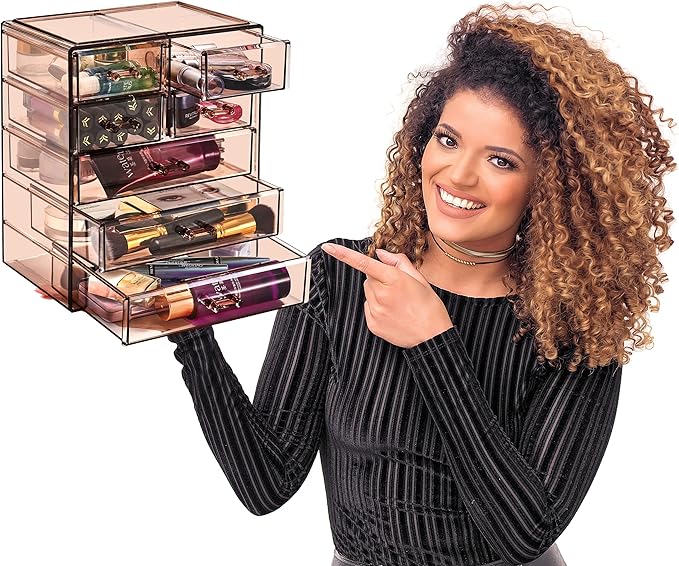 Sorbus Acrylic Makeup Organizer - Organization and Storage Case for Cosmetics Make Up & Jewelry - Big Clear Makeup Organizer for Vanity, Bathroom, College Dorm, Closet, Desk (3 Large, 4 Small Drawers)-FemmiqueWomen