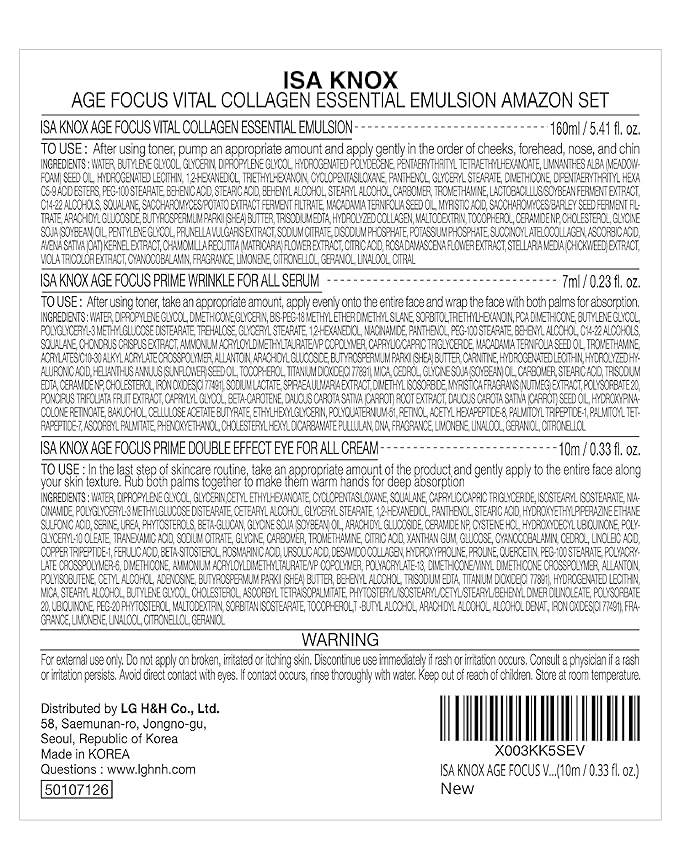 ISA KNOX AGE FOCUS VITAL COLLAGEN Emulsion, PRIME Wrinkle For All Serum & PRIME Eye For All Cream (177 ml/5.99 fl oz) - Korean Skin Care by LG Beauty. Vitamins C, B12 & E.-FemmiqueWomen