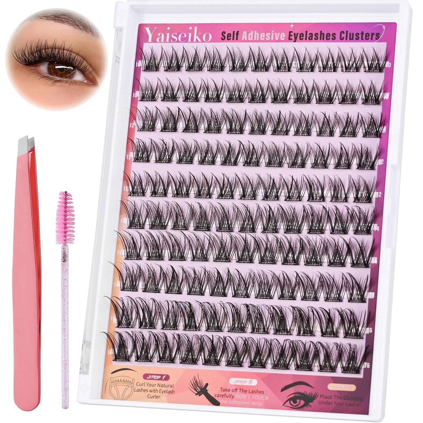 Self Adhesive Eyelashes Kit Wispy Eyelash Extension Self Adhesive Lashes Reusable Press on Lashes No Glue Needed Lash Clusters 10-16mm D Curl Pre Glued Eyelashes Clusters(A01,110Pcs)-FemmiqueWomen