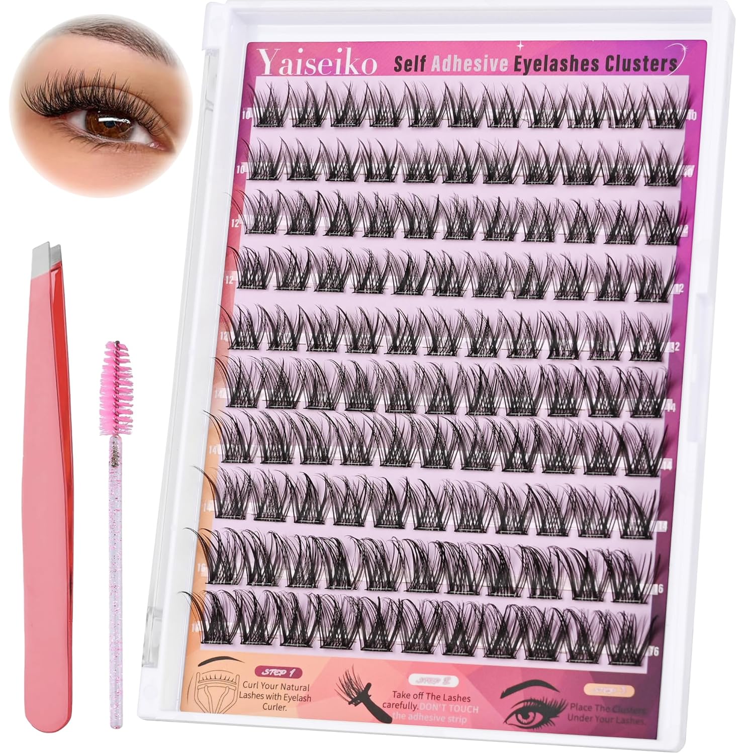 Self Adhesive Eyelashes Kit Wispy Eyelash Extension Self Adhesive Lashes Reusable Press on Lashes No Glue Needed Lash Clusters 10-16mm D Curl Pre Glued Eyelashes Clusters(A01,110Pcs)-FemmiqueWomen