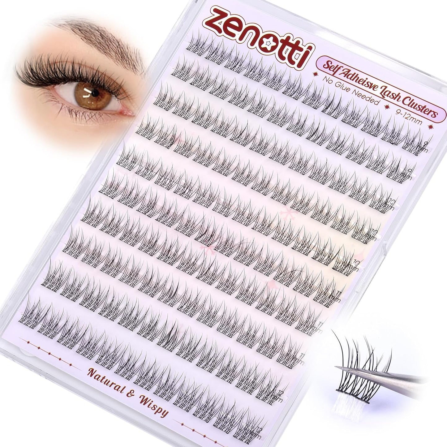 Natural Self Adhesive Clusters Lashes No Glue Self Adhesive Wispy Cluster Eyelashes Extensions Pre-glued Lashes Cluster Reusable C-Curly Individual Lashes 9-12mm Press on Lash by zenotti-FemmiqueWomen