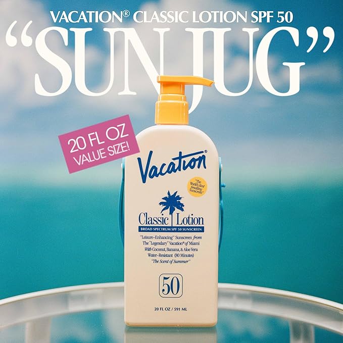 Vacation Classic Lotion SPF 50 Sun Jug, Broad Spectrum Bulk Sunscreen SPF 50, Water Resistant Sunblock, Suntan Lotion with Pump, Vegan, Family-Size, 20 Fl. Oz.-FemmiqueWomen