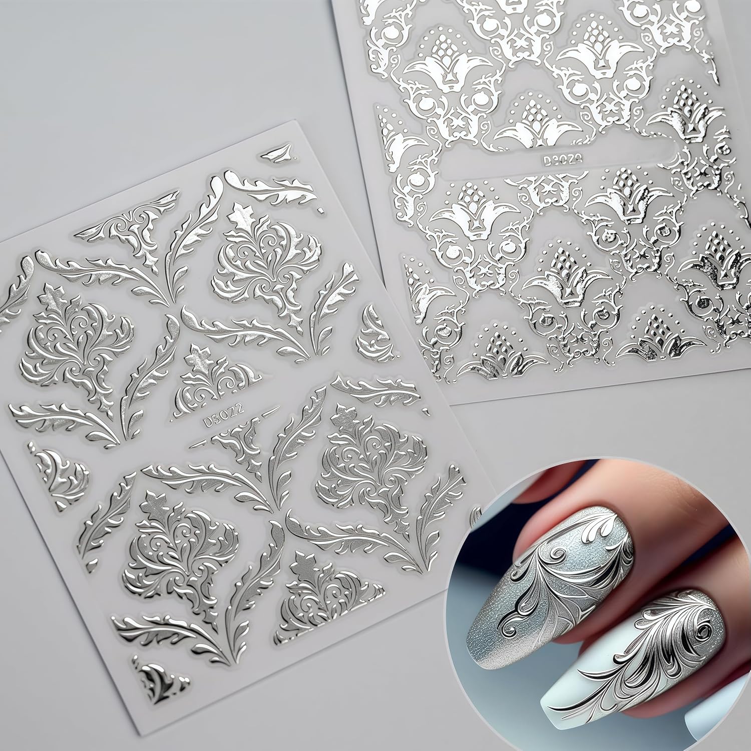 30 Sheets Silver Lace Nail Art Stickers 3D Self-Adhesive Silver Hollow Retro Floral Vine Design Decals for Women Spring Summer Manicure Slider Decorations-FemmiqueWomen
