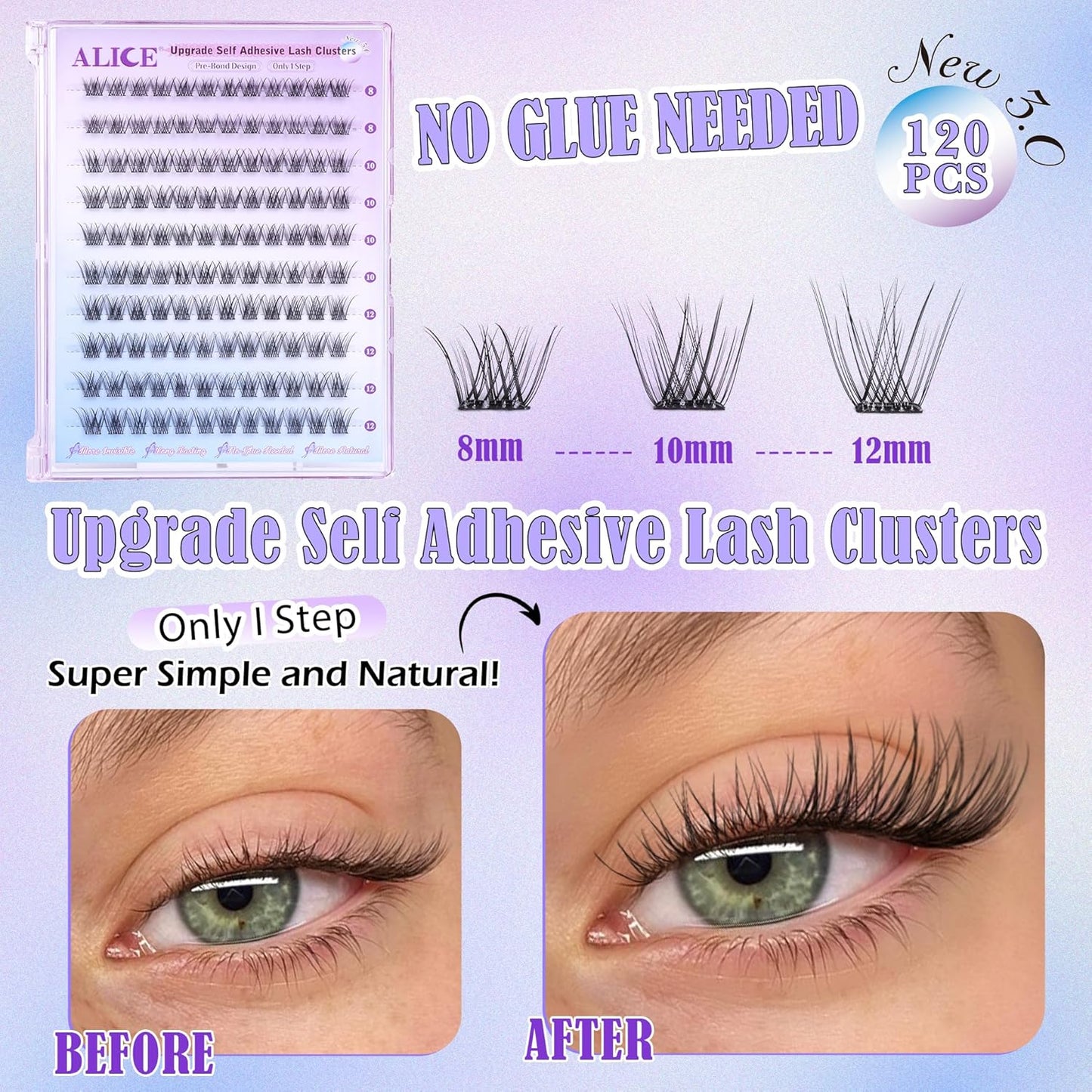 Self Adhesive Eyelashes Reusable Natural Self Adhesive Lash Clusters Wispy Press on Lashes Pre-Glue 8-12mm 120pcs C Curl DIY Eyelash Extensions Kit No Glue Needed by ALICE-FemmiqueWomen