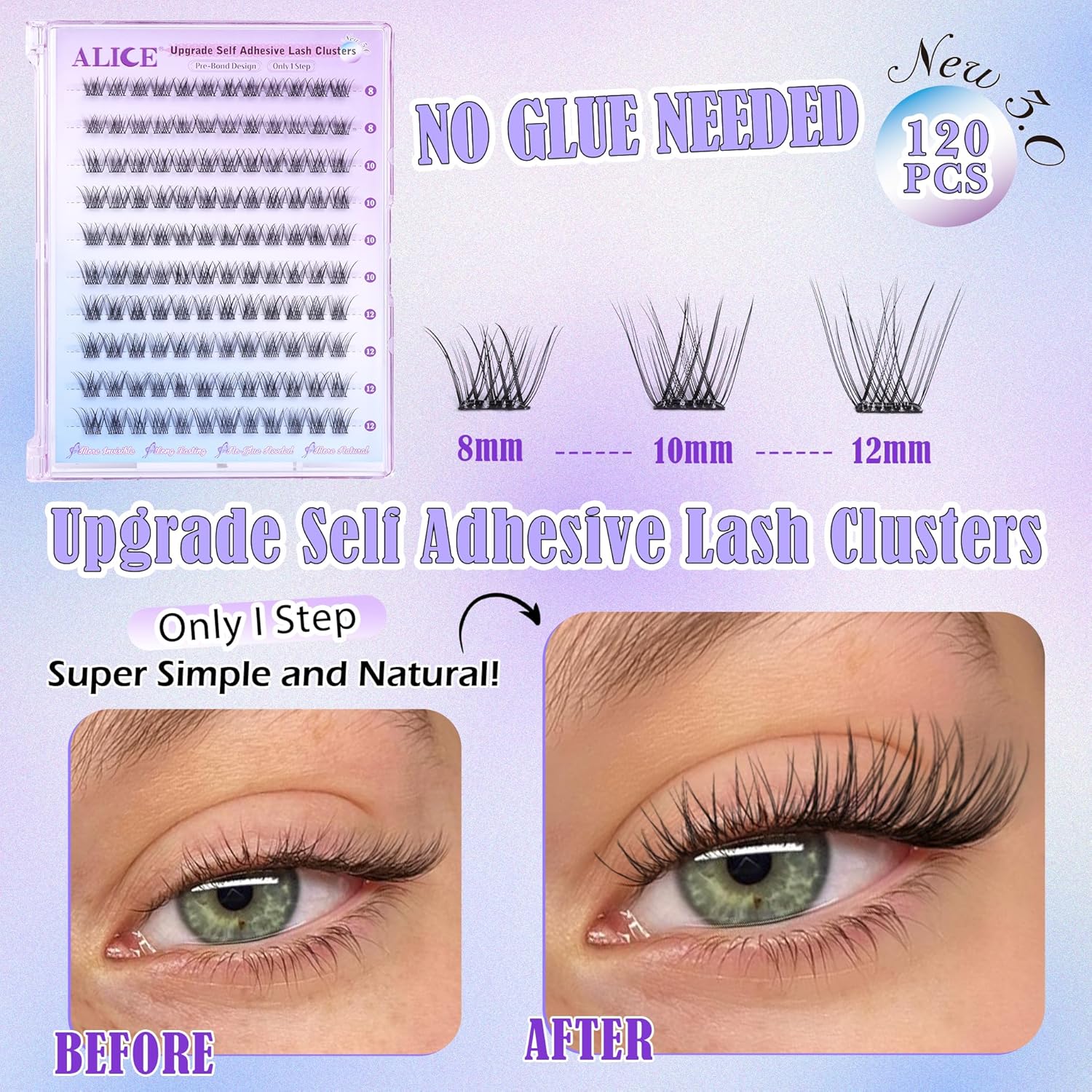 Self Adhesive Eyelashes Reusable Natural Self Adhesive Lash Clusters Wispy Press on Lashes Pre-Glue 8-12mm 120pcs C Curl DIY Eyelash Extensions Kit No Glue Needed by ALICE-FemmiqueWomen