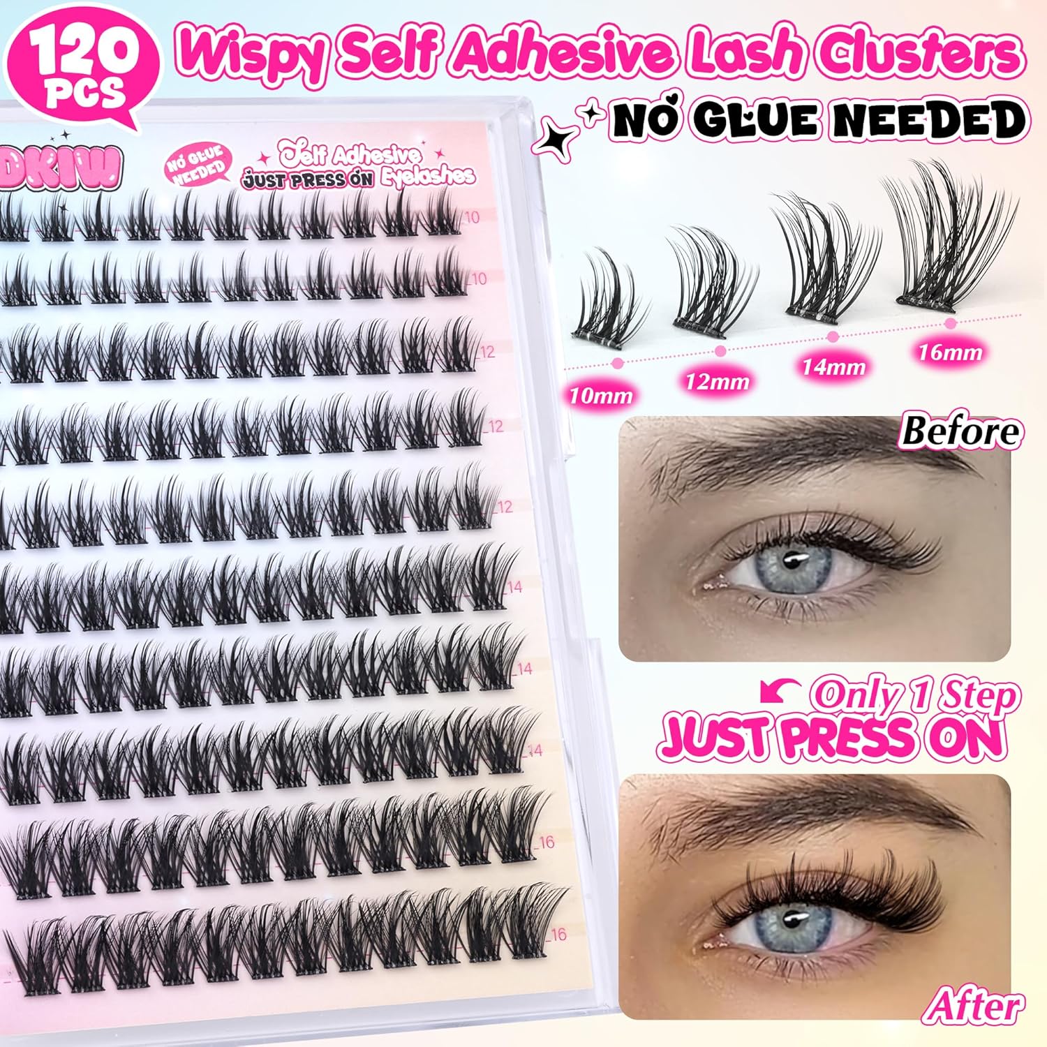 Self Adhesive Eyelashes Wispy Self Adhesive Lash Clusters Natural Lashes Clusters Pre Glued Eyelash Clusters C Curl Cluster Eyelash Extensions Press on Lashes No Glue Needed Reusable 10-16mm-FemmiqueWomen