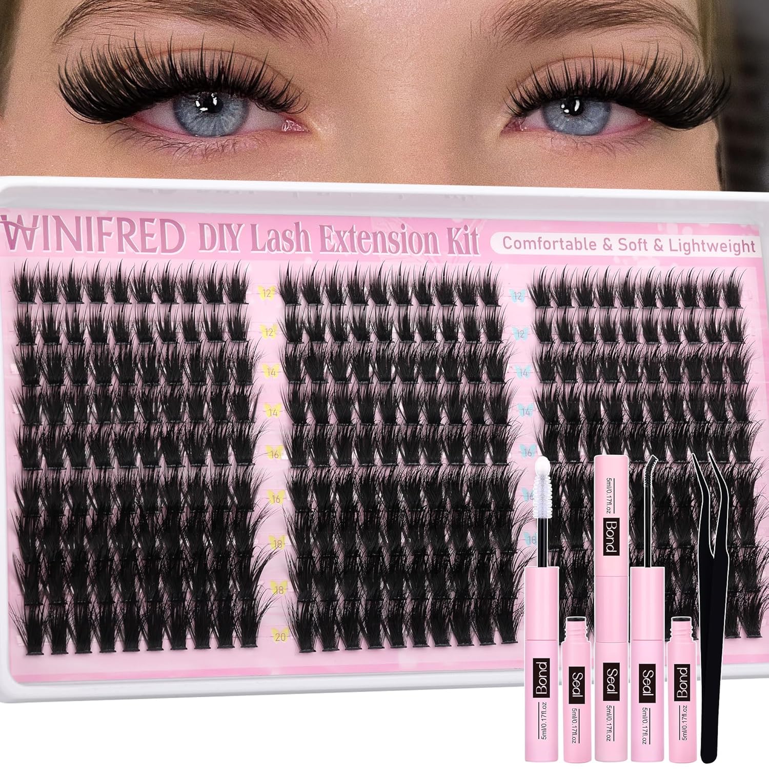 Winifred Lash Clusters Kit Fairy Eyelash Clusters with Spikes Wispy Lash Extension Kit Natural Cluster Eyelash Extensions C Curly Anime Individual Lashes Kit Lash Bond and Seal Tweezers (12-20mm)-FemmiqueWomen