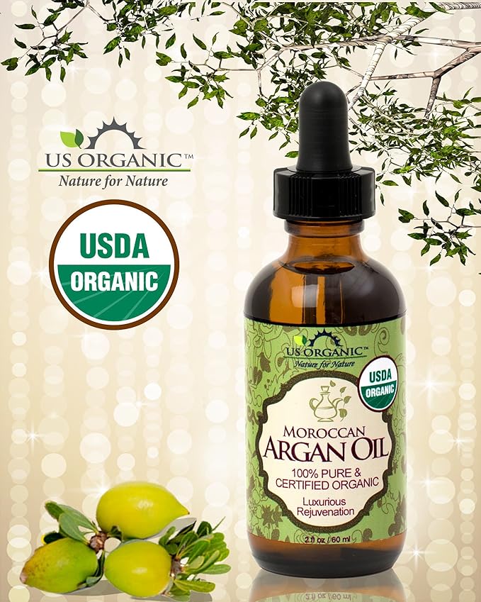 US Organic Moroccan Argan Oil, USDA Certified Organic,100% Pure & Natural, Cold Pressed Virgin, Unrefined, 2 Oz in Amber Glass Bottle, for Hair treatment, Skin, Nail, Cuticle, Sourced from Morocco.-FemmiqueWomen