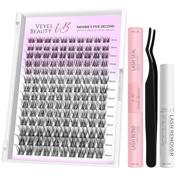VEYESBEAUTY Lash Clusters Kit Individual Eyelash Extensions Thin & Invisible Band DIY False Eyelashes Newbie's Five-Second Series Wispy Lash Tray, LuxeBold KIT with Bond&Seal Remover Applicator-FemmiqueWomen