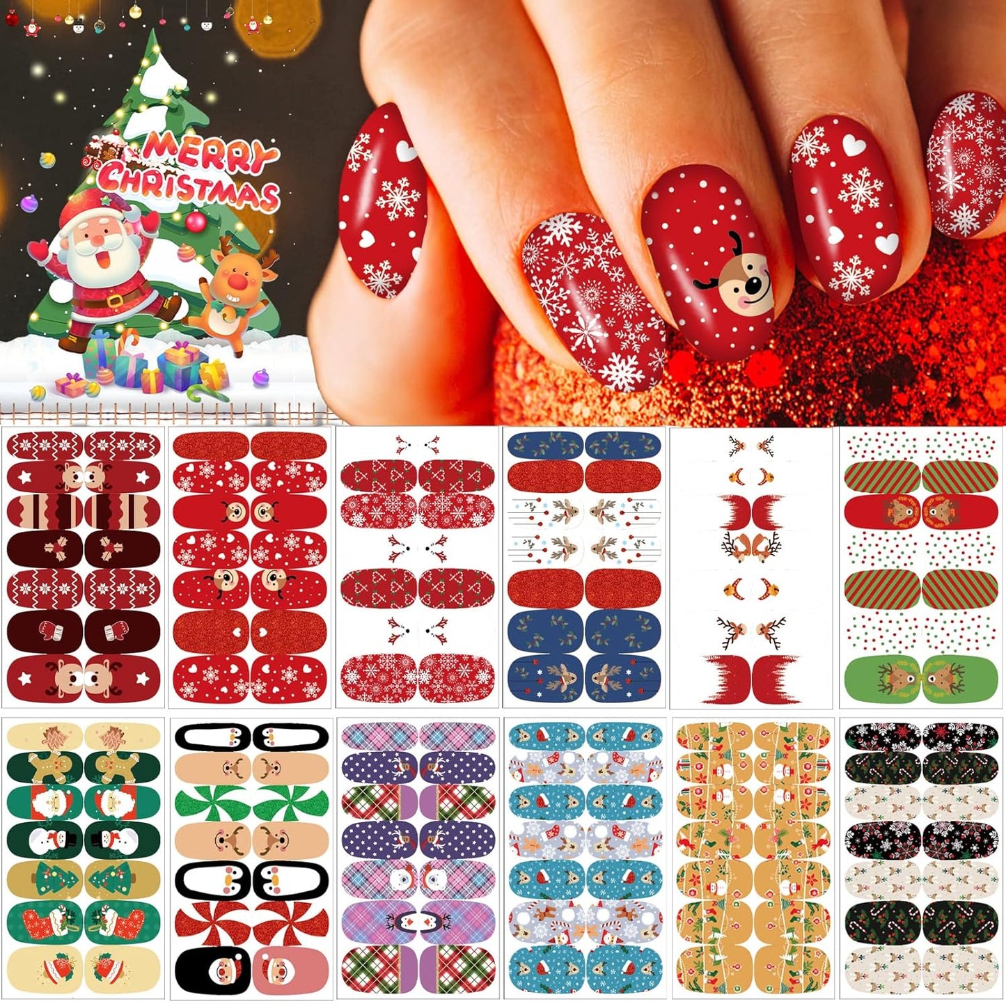 12 Sheets Christmas Nail Wraps Full Stickers Nail Polish Strips, DIY Self-Adhesive Nail Art Glitter Decals Santa Claus Reindeer Xmas Hat Pattern with 2 Piece Nail Files for Party Decor (168 Pieces)-FemmiqueWomen