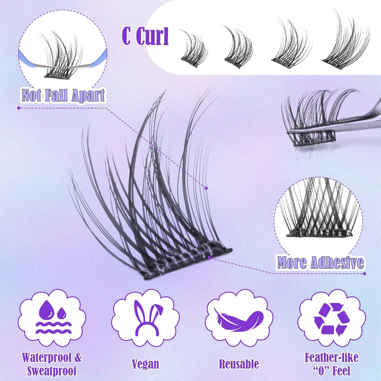ALICE Self Adhesive Lashes Natural Look Self Adhesive Lash Clusters Wispy Reusable Press on Lashes Pre-Glue 8-14mm 120pcs C-Curly No Glue Needed Eyelashes-FemmiqueWomen