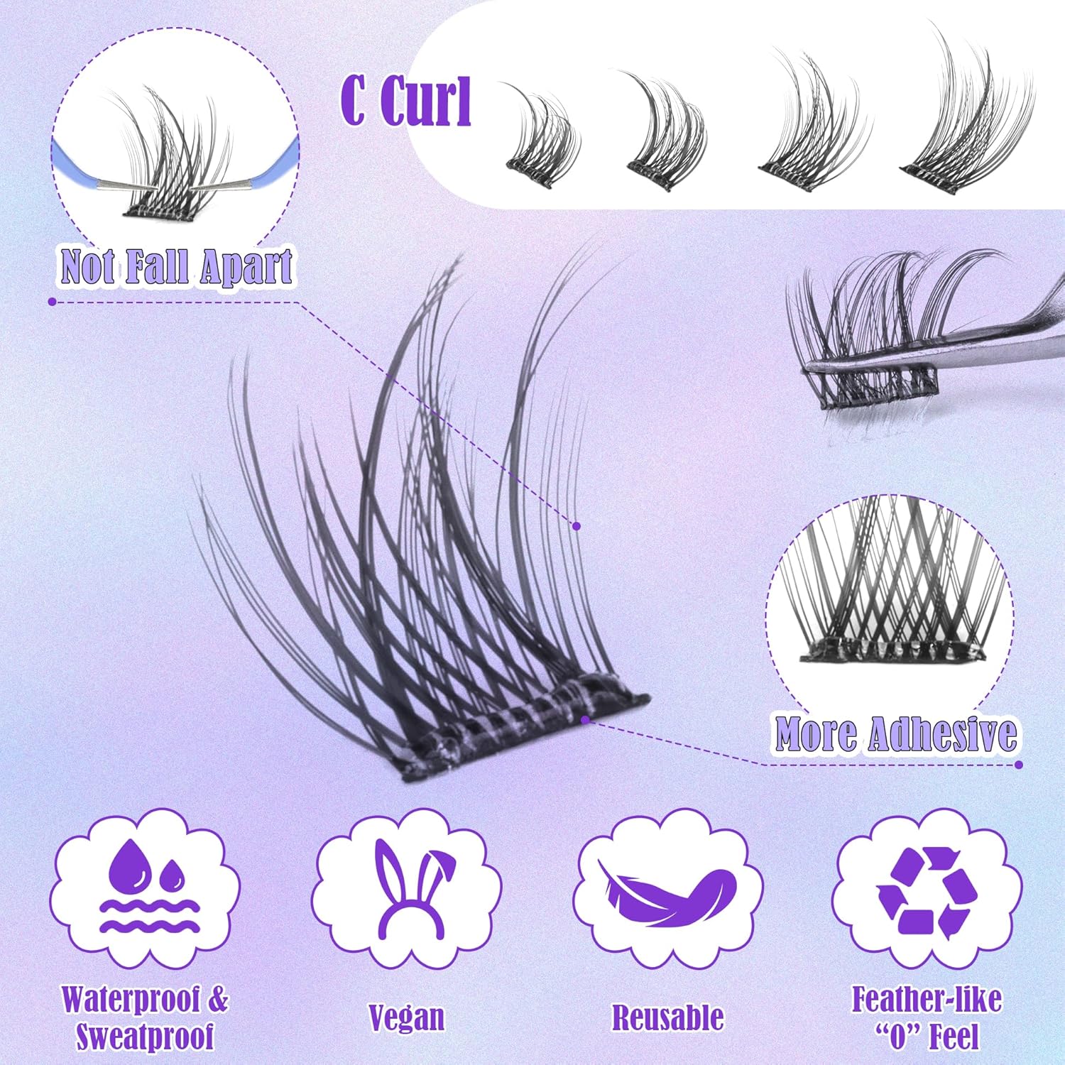 ALICE Self Adhesive Lashes Natural Look Self Adhesive Lash Clusters Wispy Reusable Press on Lashes Pre-Glue 8-14mm 120pcs C-Curly No Glue Needed Eyelashes-FemmiqueWomen