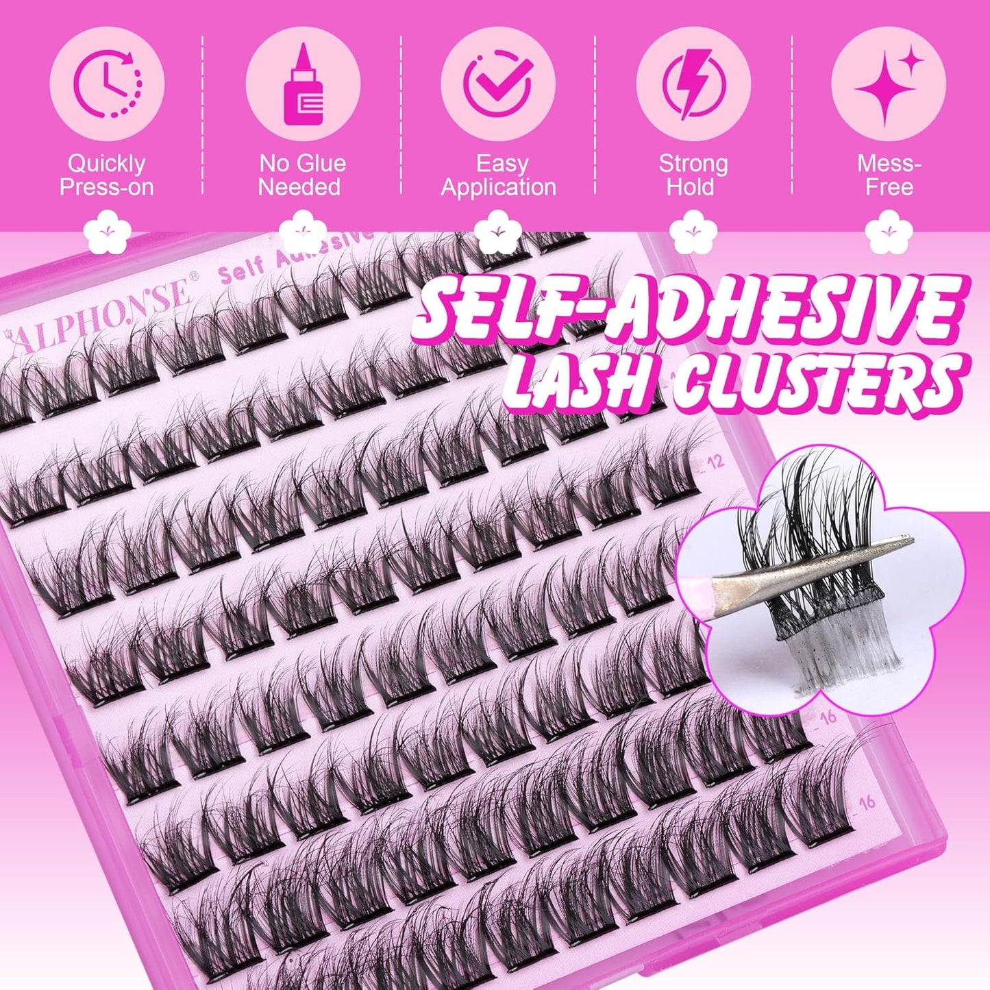 Reusable Self Adhesive Eyelashes Wispy Self Adhesive Lash Clusters Fluffy Press on Lashes Extension 10-16mm Glueless Lashes Clusters with Tweezers by ALPHONSE-FemmiqueWomen