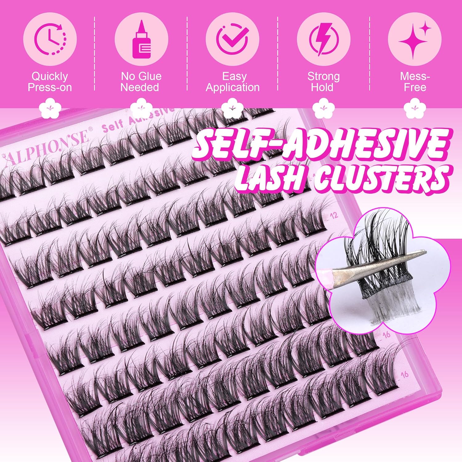 Reusable Self Adhesive Eyelashes Wispy Self Adhesive Lash Clusters Fluffy Press on Lashes Extension 10-16mm Glueless Lashes Clusters with Tweezers by ALPHONSE-FemmiqueWomen