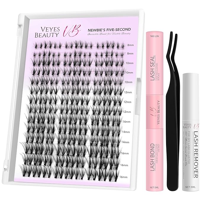 VEYESBEAUTY Lash Clusters Kit Eyelash Extensions Thin & Invisible Band DIY Individual False Eyelashes Newbie's Five-Second Series Lash Tray for Self-application, Whisper Lash 8-16mm Mixed Length-FemmiqueWomen