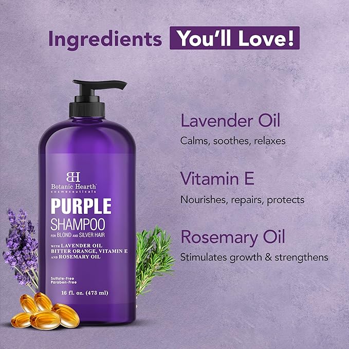 Botanic Hearth Purple Shampoo 16 Fl Oz | For All Shades Of Blonde, Silver & Gray Hair | With Lavender Oil, Vitamin E & Rosemary Oil | Sulfate & Paraben Free-FemmiqueWomen