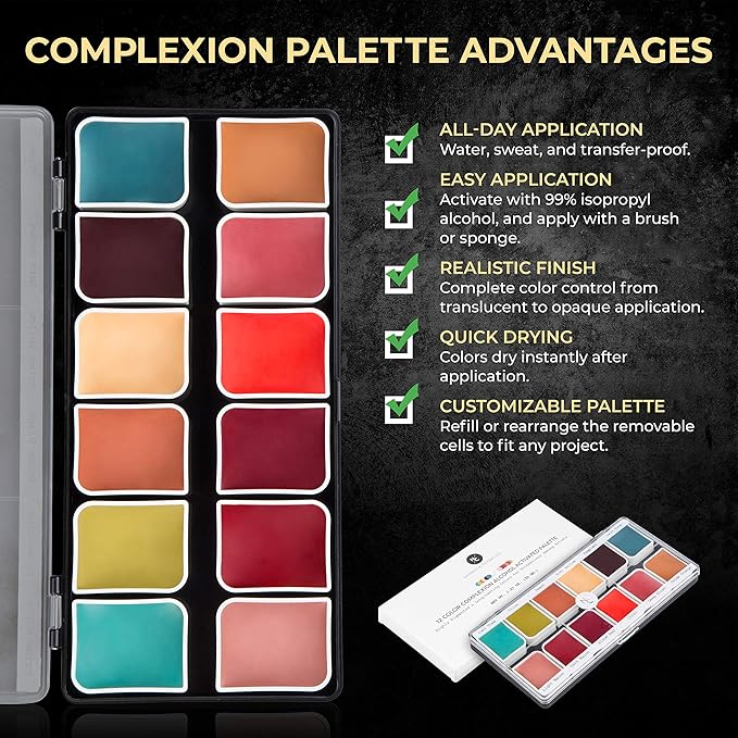 12-Color Complexion Alcohol-Activated Palette, Professional Quick Drying Waterproof SFX Makeup, Tattoo Cover-FemmiqueWomen