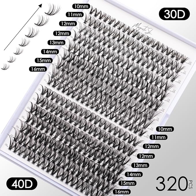 Lash Clusters DIY Lash Extensions Kit 320pcs Individual Lashes Clusters 30D 40D D Curl Eyelash Extension Kit with Applicator and Lash Bond&Seal,Clusters Lash Glue Remover Mix 10-16mm (30D+40D-320 KIT)-FemmiqueWomen
