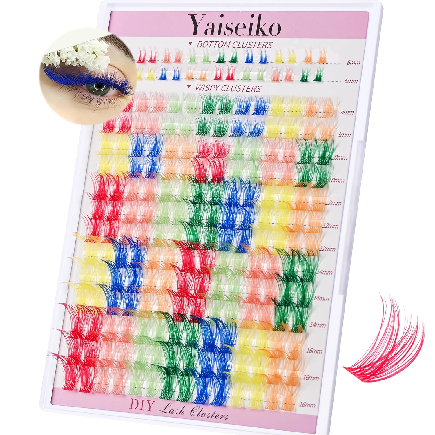 Wispy Colored Lash Clusters with Bottom Lashes Individual Lashes D Curl 8-16mm Mixed 7 Colors Rainbow DIY Eyelash Extension Colorful Cluster Lashes Pack by Yaiseiko-FemmiqueWomen