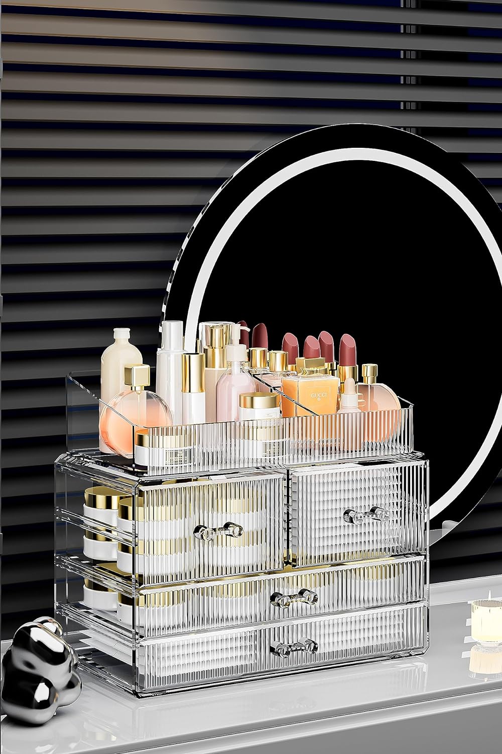 ZHIAI Stackable Storage Drawers, Acrylic Bathroom Counter Organizer Clear Makeup Organizers for Vanity, Kitchen Cabinets, Bathroom, Undersink, Home Organization and Storage (1 Top 4 Drawers D)-FemmiqueWomen