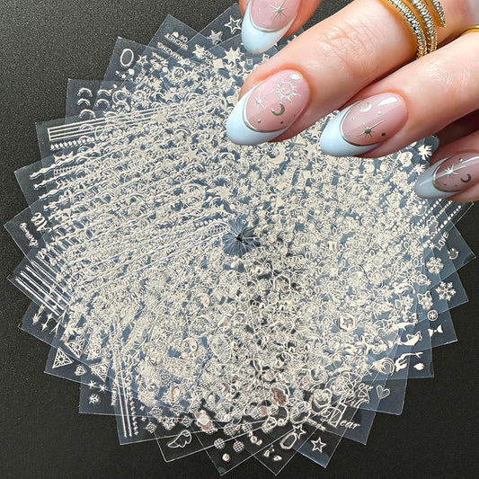 30 Sheets Silver Nail Art Stickers 3D Self Adhesive Sliver Line Nail Decals Silver Nail Sticker for Nail Art Silver Heart Star Nail Art Supplies Silver Nail Design for Acrylic Nails for Women Girls-FemmiqueWomen