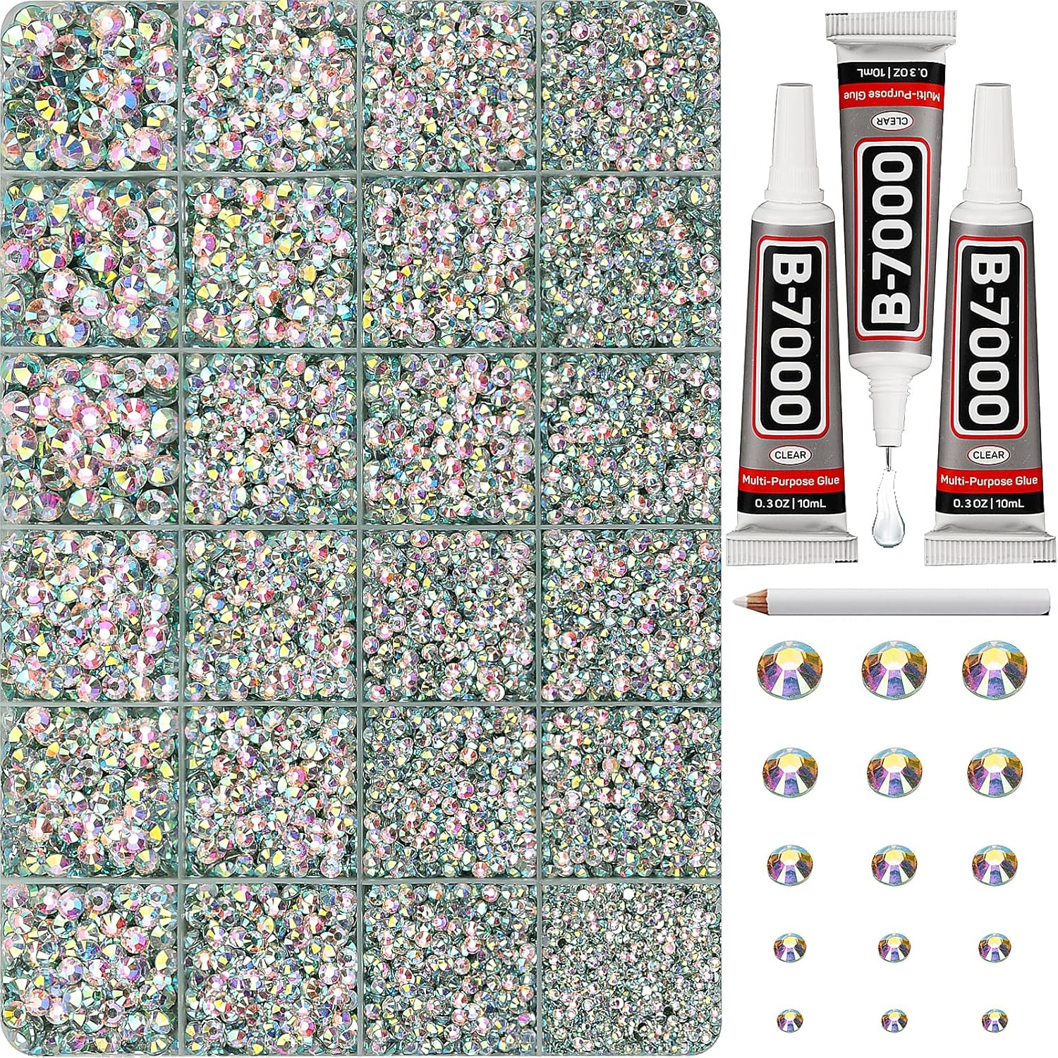 30000Pcs Resin Rhinestones Set for Crafting Bedazzling, Crystal ab Iridescent Flatback Gems Jewels for Crafts Clothes Shoes Fabric Outfit Nails Makeup, Flat Back Crystal 2-6mm with b 7000 Glue-FemmiqueWomen