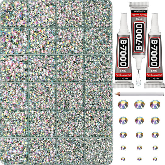 30000Pcs Resin Rhinestones Set for Crafting Bedazzling, Crystal ab Iridescent Flatback Gems Jewels for Crafts Clothes Shoes Fabric Outfit Nails Makeup, Flat Back Crystal 2-6mm with b 7000 Glue-FemmiqueWomen