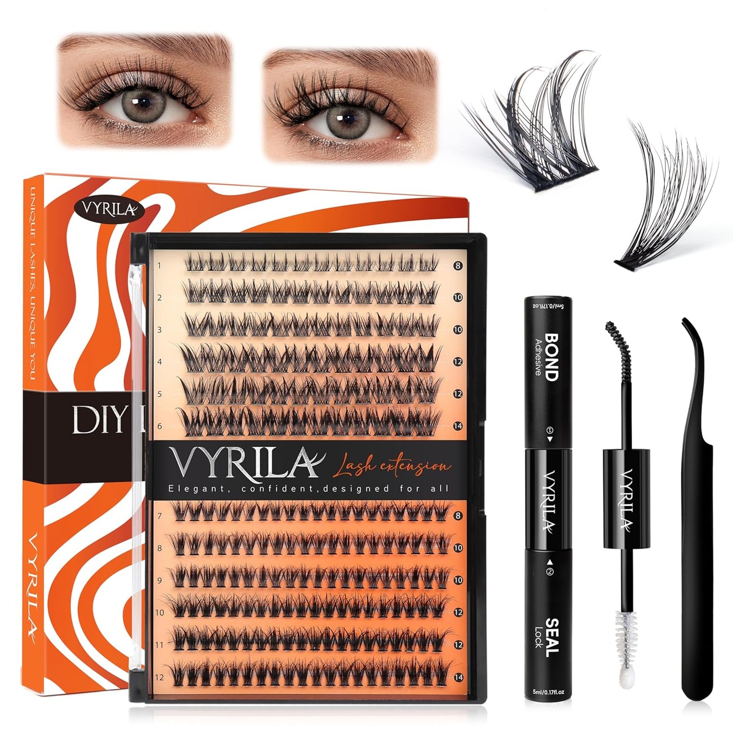 Lash Clusters Kit-VYRILA 0.07mm Wispy 8-14mix C Curl Eyelash Clusters with Lash Bond and Seal Waterproof, Eyelash Tweezers (30P+S05 KIT 192pcs-8-14mix)-FemmiqueWomen