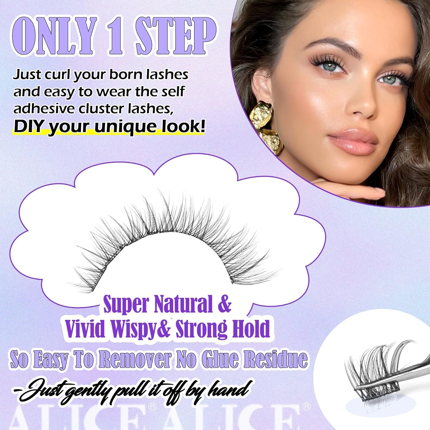 ALICE Self Adhesive Lashes Natural Look Self Adhesive Lash Clusters Wispy Reusable Press on Lashes Pre-Glue 8-14mm 120pcs C-Curly No Glue Needed Eyelashes-FemmiqueWomen