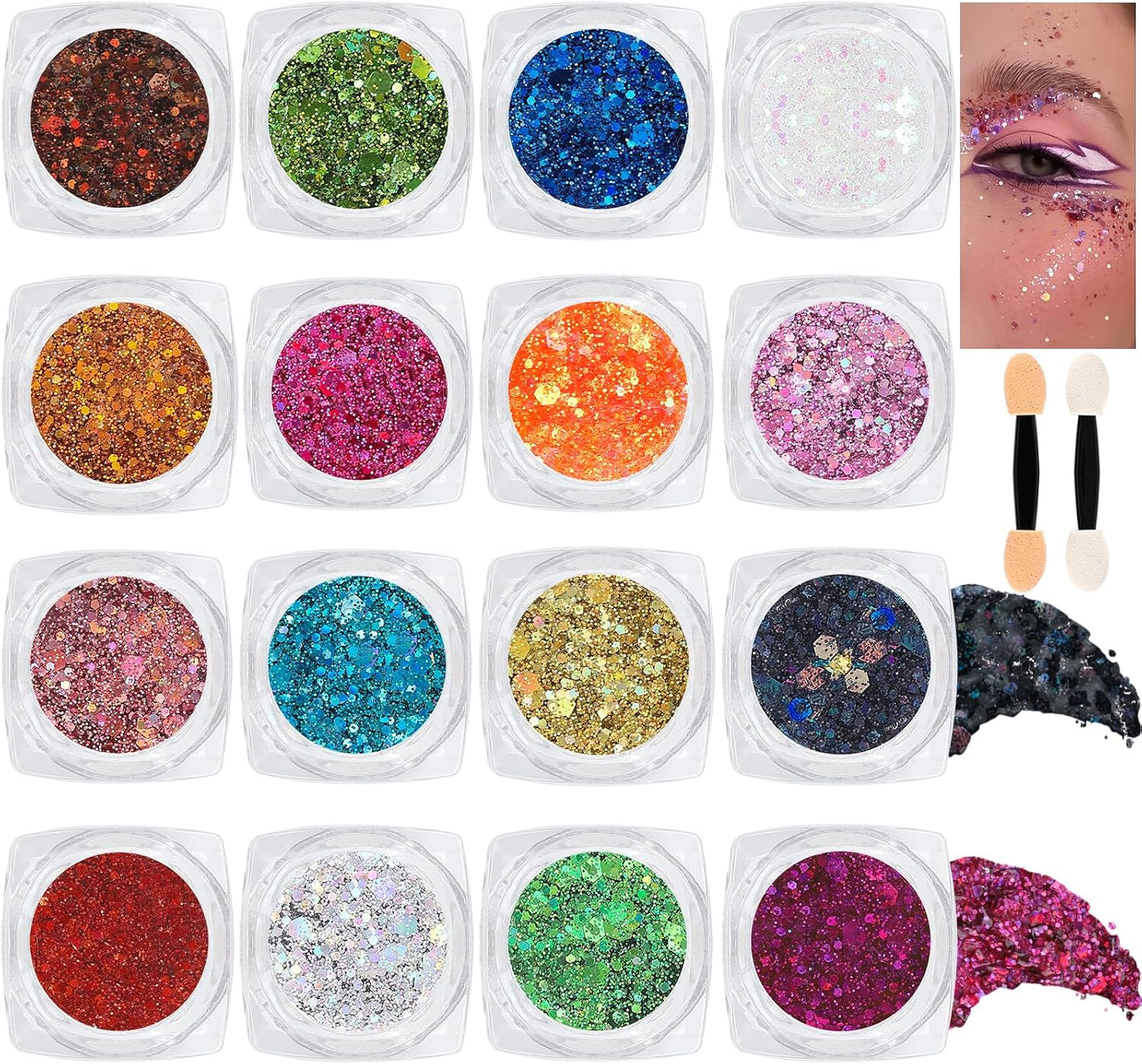 16 Colors Chunky Fine Mixed Holographic Glitter Gel Set for Face and Body Makeup Festival Party Sparkle Glitter Gel Decoration Rave Accessories-FemmiqueWomen