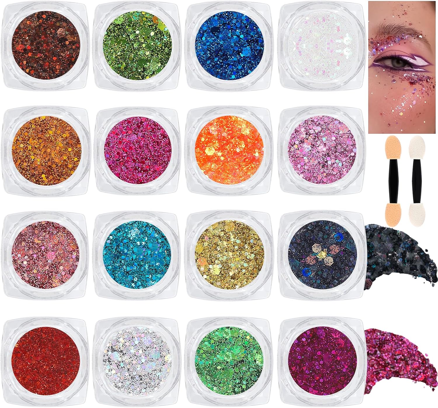 16 Colors Chunky Fine Mixed Holographic Glitter Gel Set for Face and Body Makeup Festival Party Sparkle Glitter Gel Decoration Rave Accessories-FemmiqueWomen