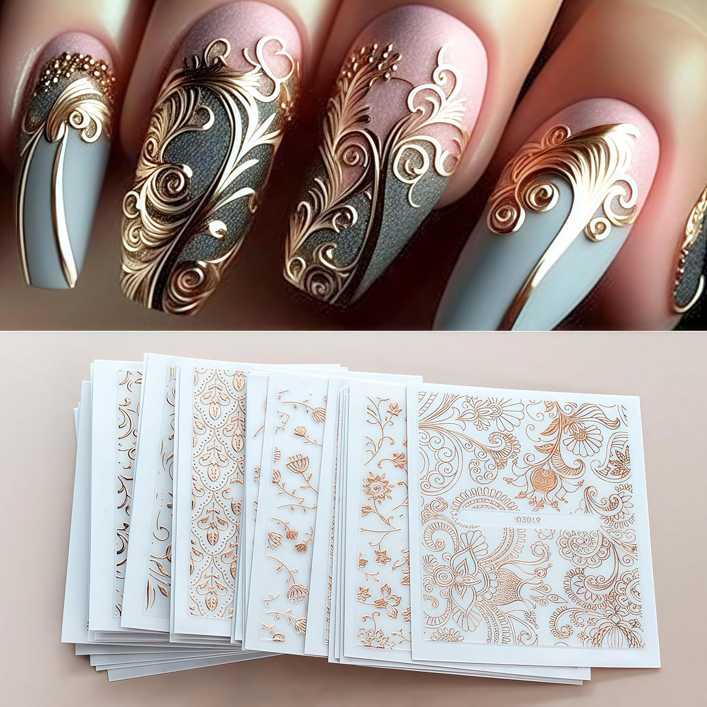30 Sheets Lace Flower Nail Art Sticker 3D Self-Adhesive Hollow Rose Golden Lace Floral Vine Decals Irregular Geometric Manicure Sliders for Spring Summer Women Acrylic Nail Decorations-FemmiqueWomen