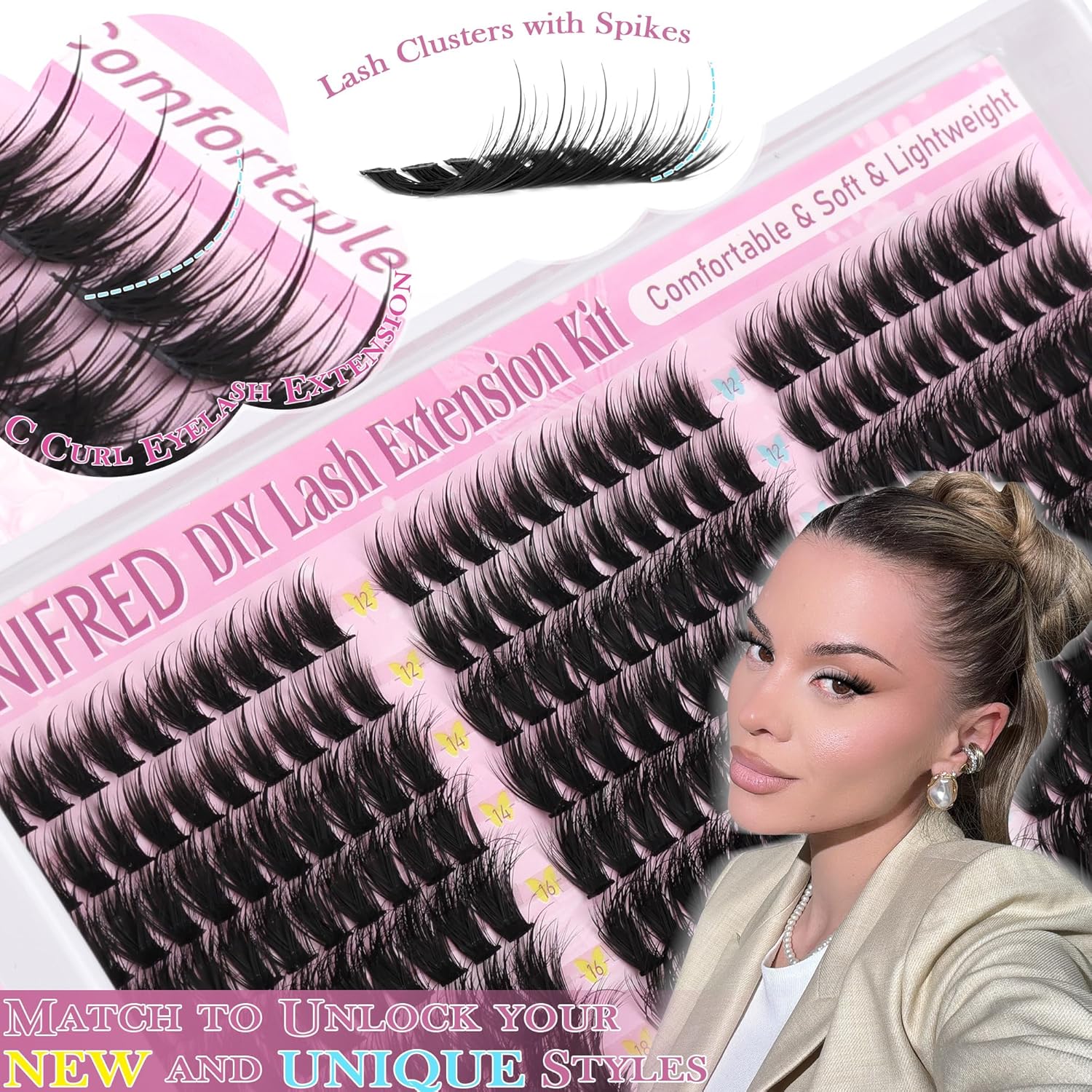 Winifred Lash Clusters Kit Fairy Eyelash Clusters with Spikes Wispy Lash Extension Kit Natural Cluster Eyelash Extensions C Curly Anime Individual Lashes Kit Lash Bond and Seal Tweezers (12-20mm)-FemmiqueWomen