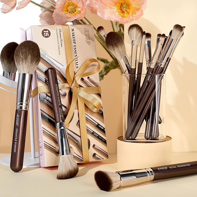 Jessup Makeup Brushes Set 15pcs Brown Make up Brushes Set Professional Premium Synthetic Foundation Eyebrow Concealer Blush Eyeshadow Contour Eyeliner Powder Blending Highlighter Brush, T498-FemmiqueWomen