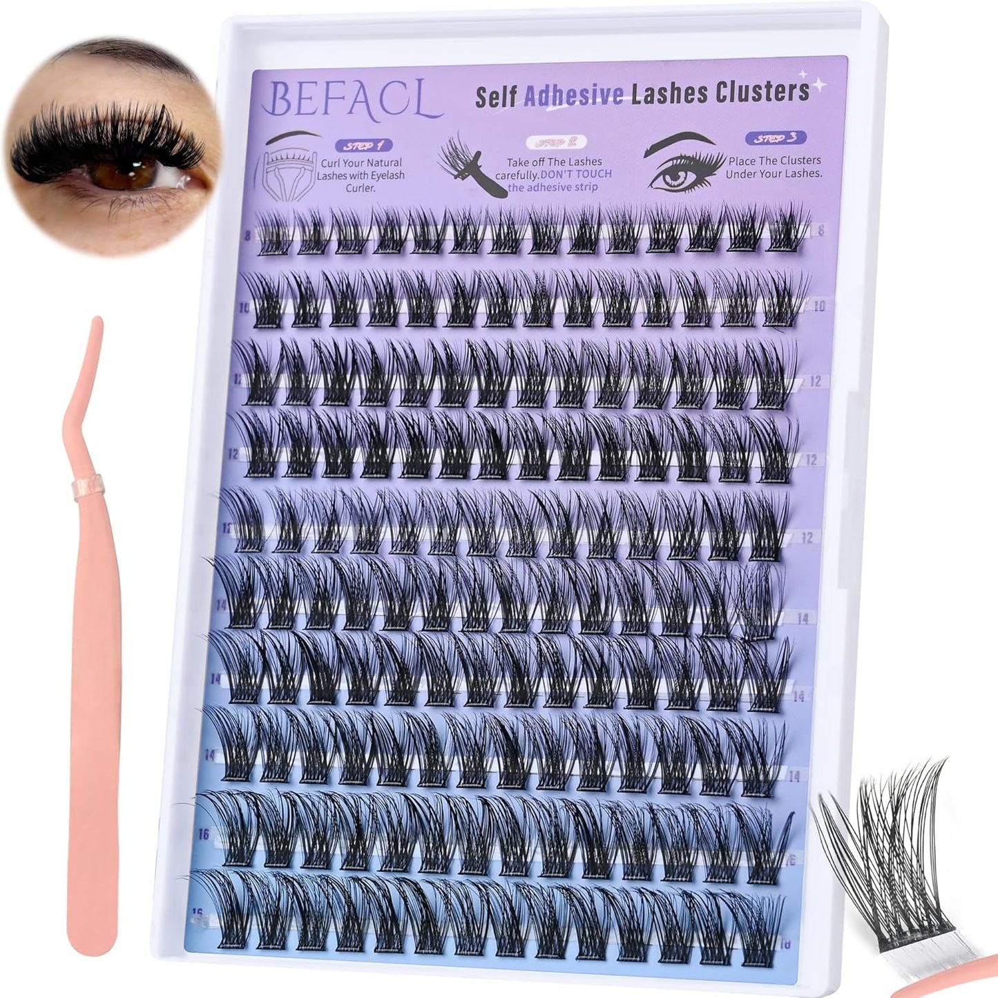 Self Adhesive Eyelashes Clusters Press on Lash Clusters Wispy Lash Extensions No Glue Needed Lashes Clusters Natural Cluster Eyelash Extensions Kit with Tweezers (8-16mm,C Curl)-FemmiqueWomen