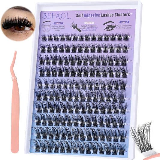 Self Adhesive Eyelashes Clusters Press on Lash Clusters Wispy Lash Extensions No Glue Needed Lashes Clusters Natural Cluster Eyelash Extensions Kit with Tweezers (8-16mm,C Curl)-FemmiqueWomen