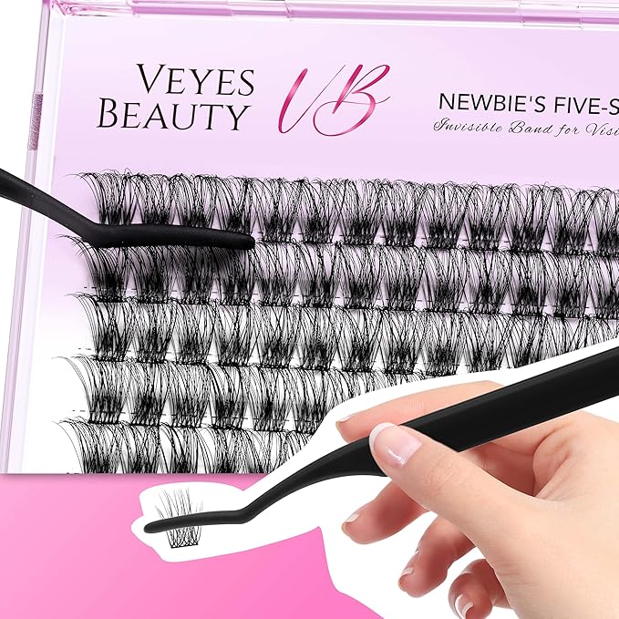 VEYESBEAUTY Lash Clusters Individual Eyelash Extensions Thin & Invisible Band DIY False Eyelashes for Self-application Newbie's Five-Second Series Wispy Lash Tray, Boldeye 10mm Single Length-FemmiqueWomen