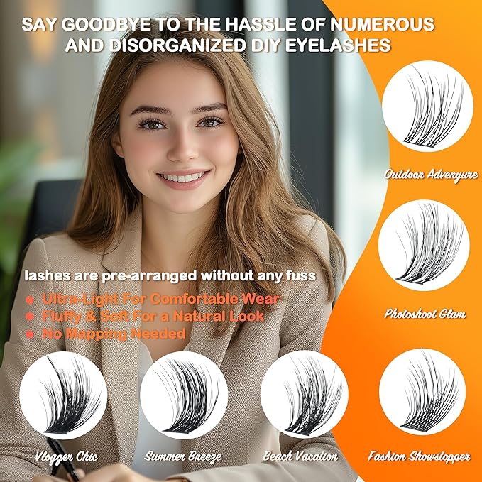 Fluffy Lash Clusters - 360Pcs Natural 0.05D Eyelash Clusters, Left & Right Eyelashes, Urtra Lightweight Cat Eye Clusters for Starter DIY at Home(Eyelashes Only）-FemmiqueWomen