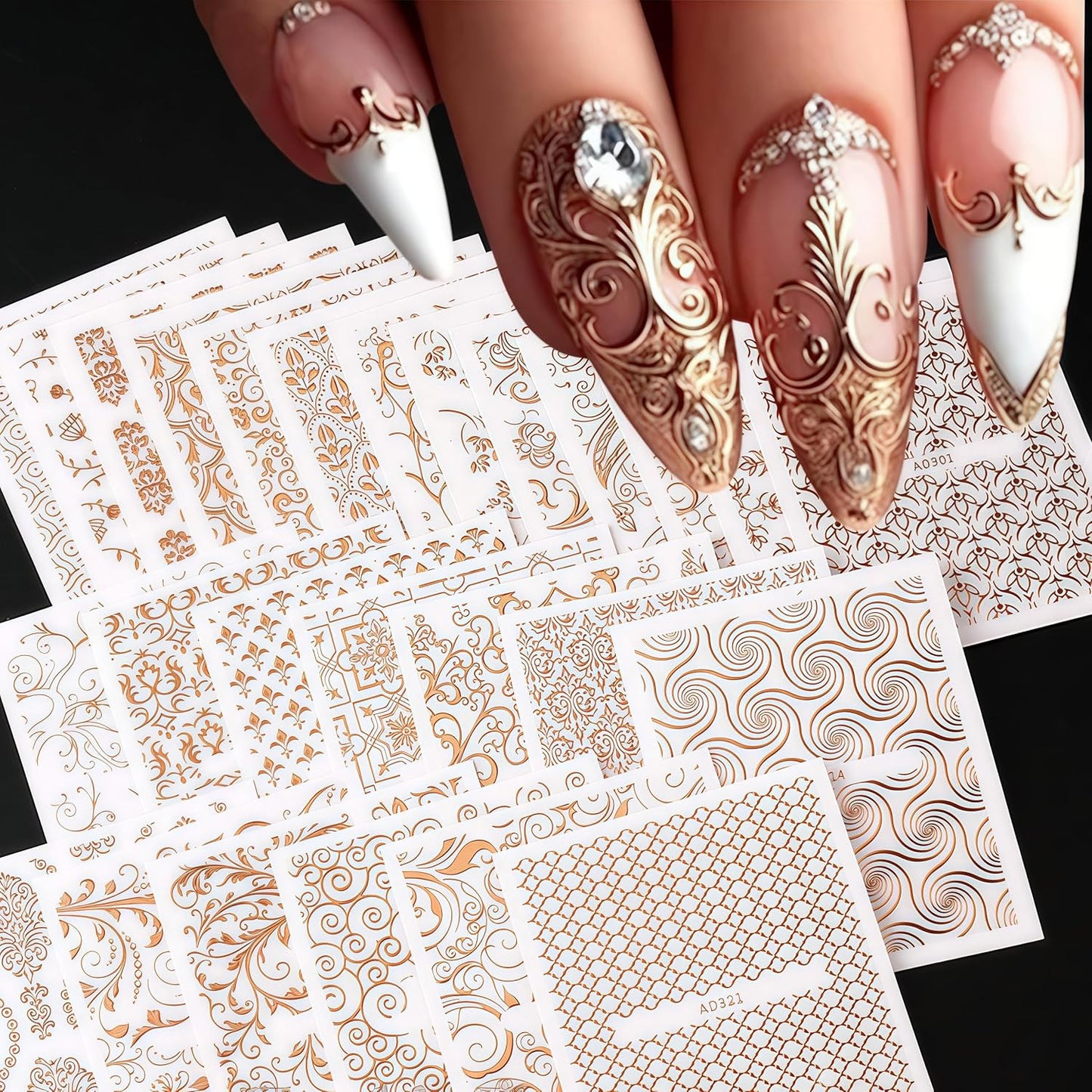 30 Sheets Lace Flower Nail Art Sticker 3D Self-Adhesive Hollow Rose Golden Lace Floral Vine Decals Irregular Geometric Manicure Sliders for Spring Summer Women Acrylic Nail Decorations-FemmiqueWomen