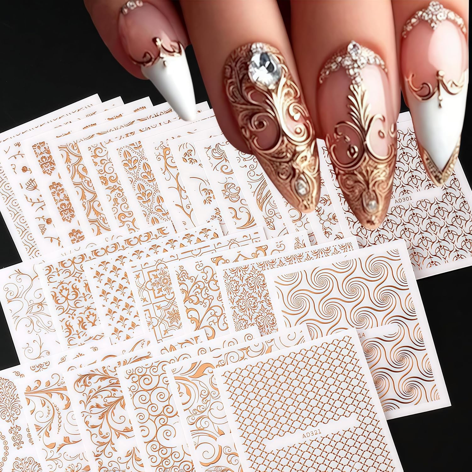 30 Sheets Lace Flower Nail Art Sticker 3D Self-Adhesive Hollow Rose Golden Lace Floral Vine Decals Irregular Geometric Manicure Sliders for Spring Summer Women Acrylic Nail Decorations-FemmiqueWomen