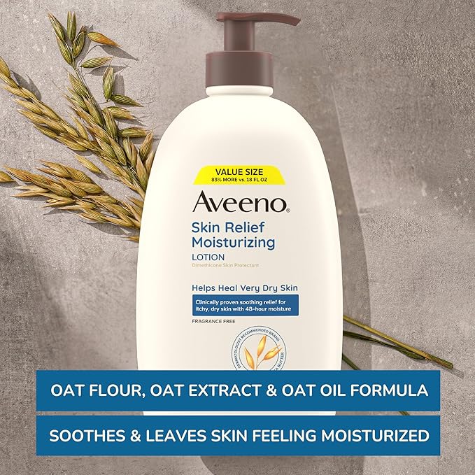 Aveeno Skin Relief Moisturizing Lotion for Very Dry, Itchy, Dry Skin, Body Moisturizer, Soothing Triple Oat & Shea Butter, Fragrance-Free, Non-Greasy, 33 fl oz-FemmiqueWomen