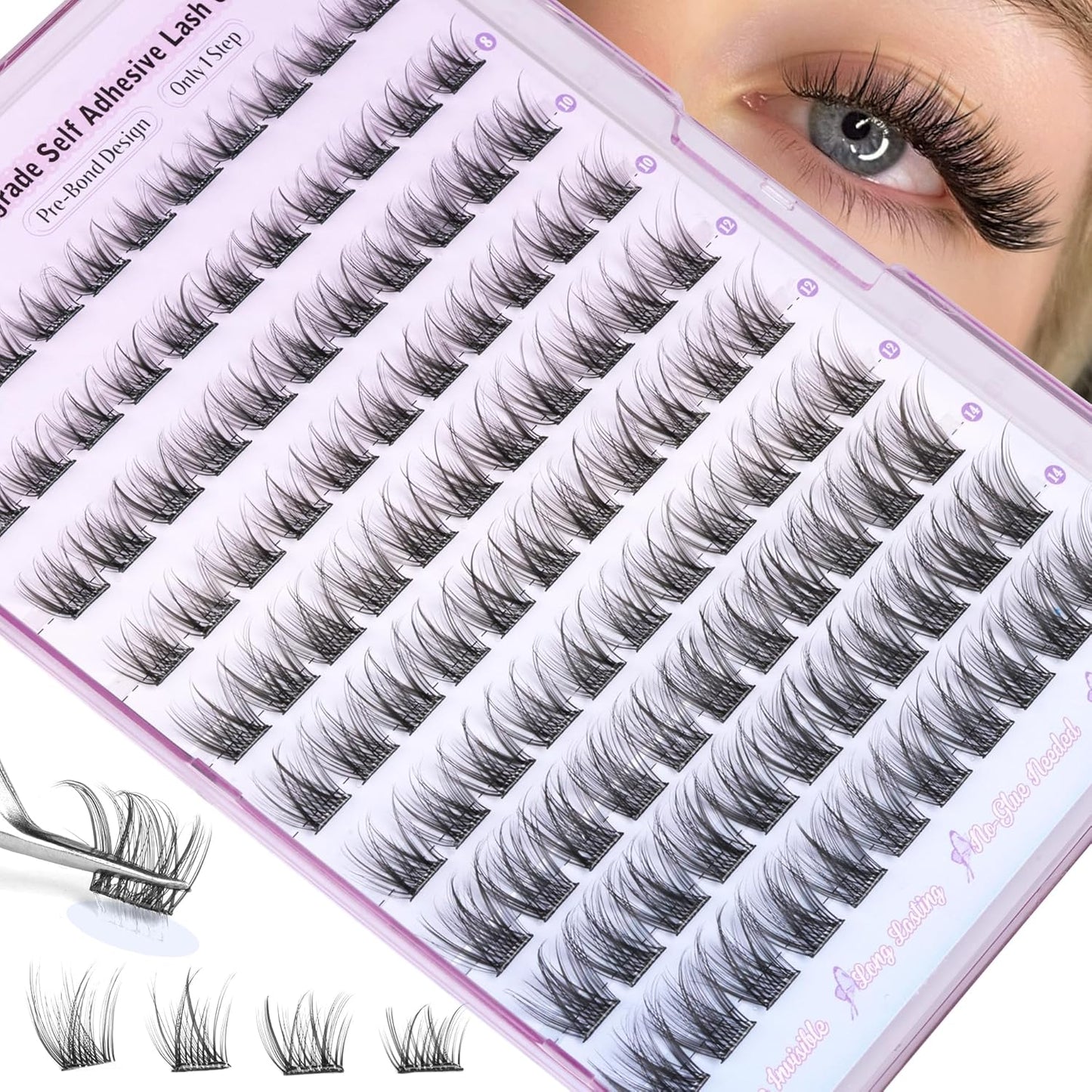 ALICE Self Adhesive Lashes Natural Look Self Adhesive Lash Clusters Wispy Reusable Press on Lashes Pre-Glue 8-14mm 120pcs C-Curly No Glue Needed Eyelashes-FemmiqueWomen